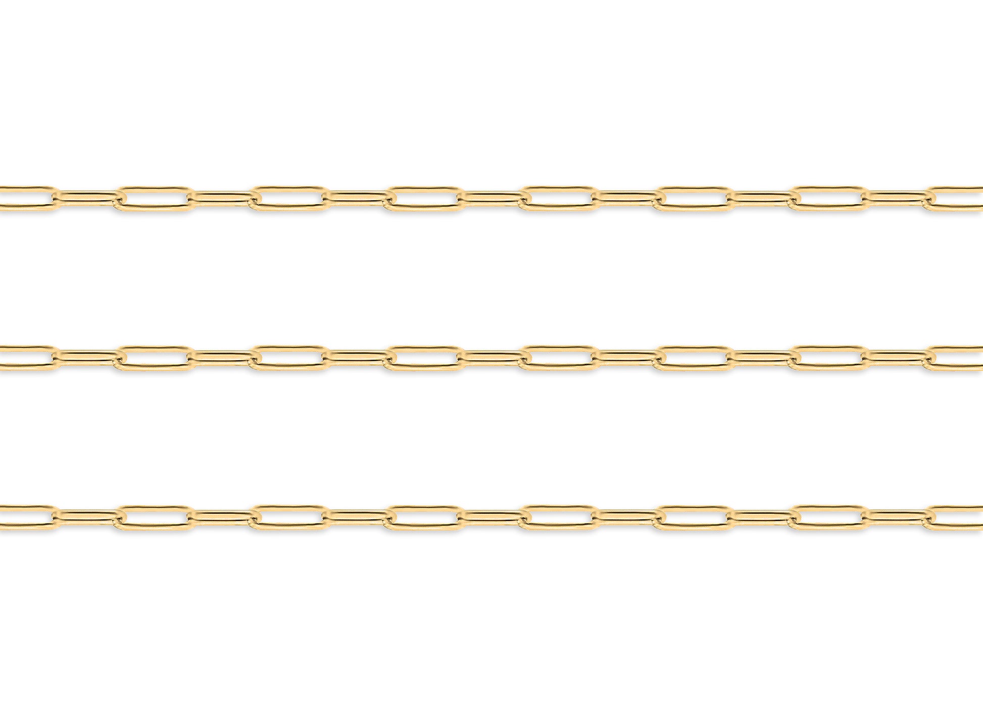 Gold 4mm round paperclip chain on a white background