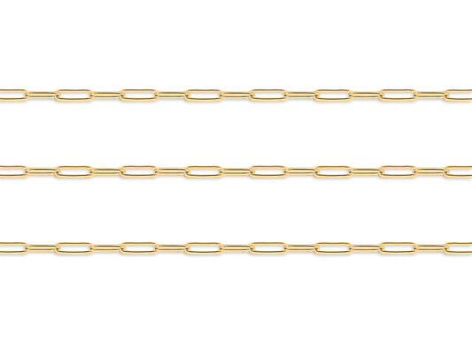 Gold 4mm round paperclip chain on a white background