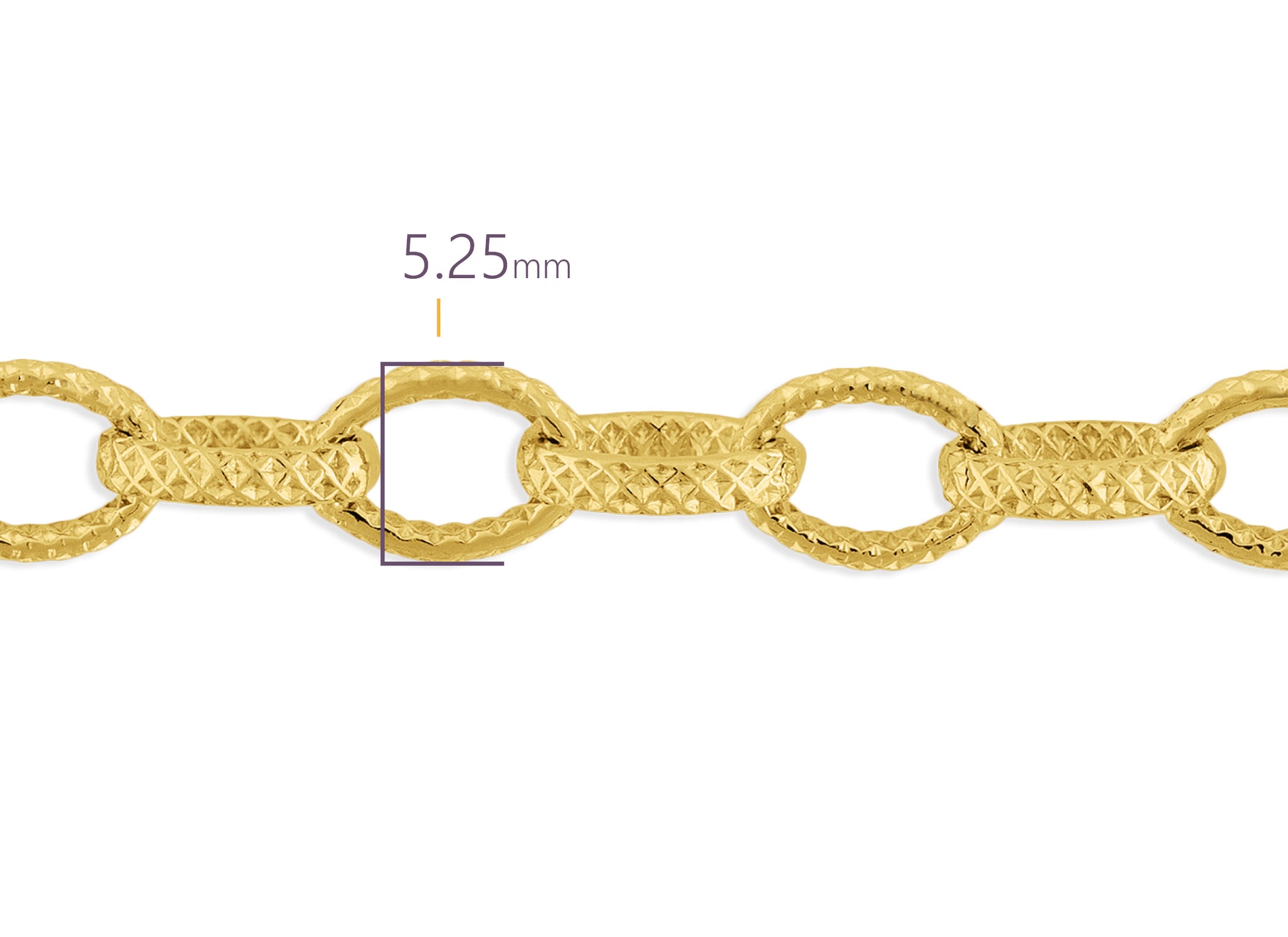 Gold chain with measurement label on a white background