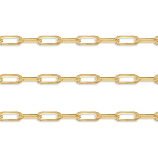 Gold 5.2mm flat paperclip chain on a white background