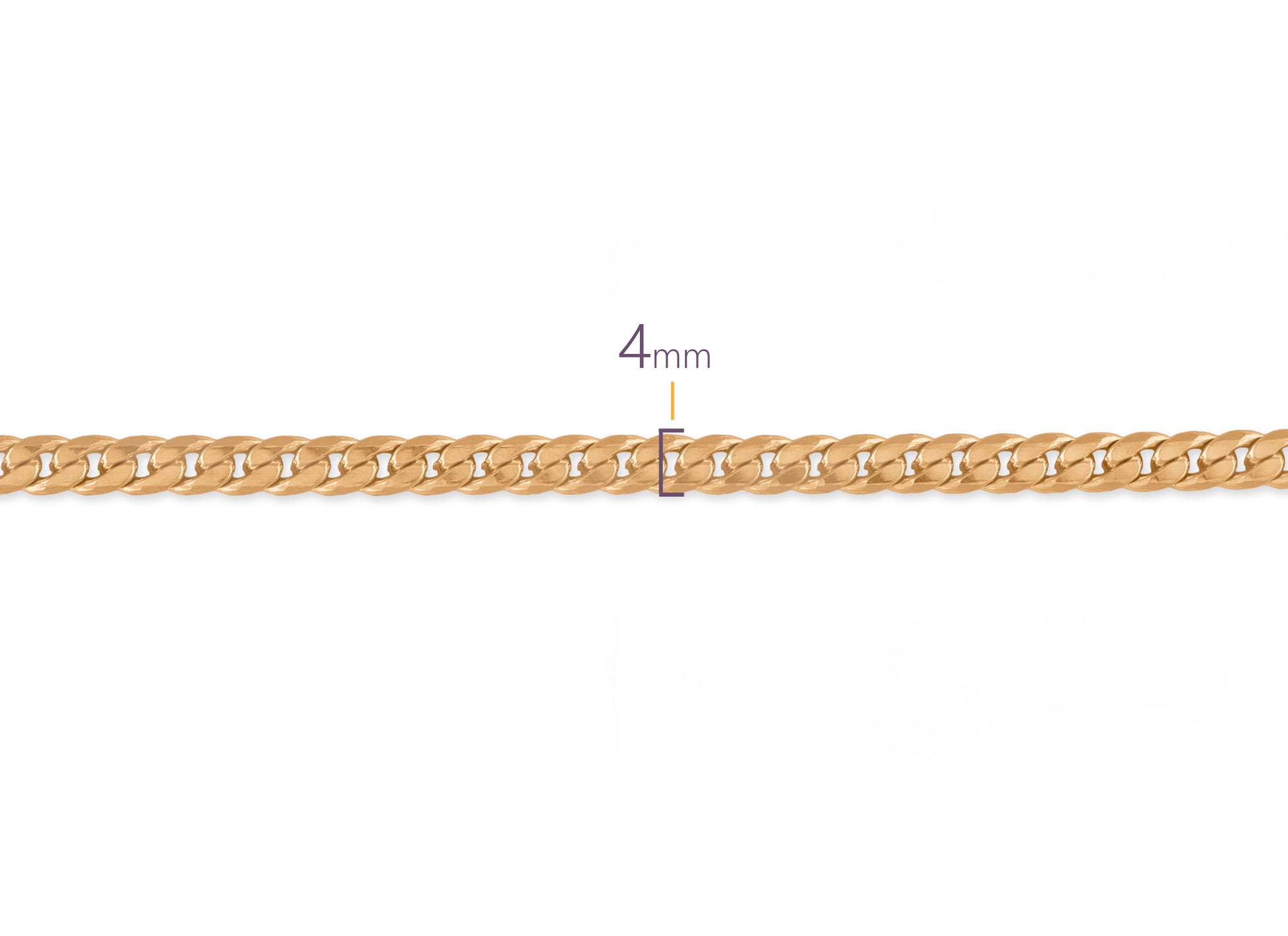 Gold chain with a 4mm width measurement on a white background