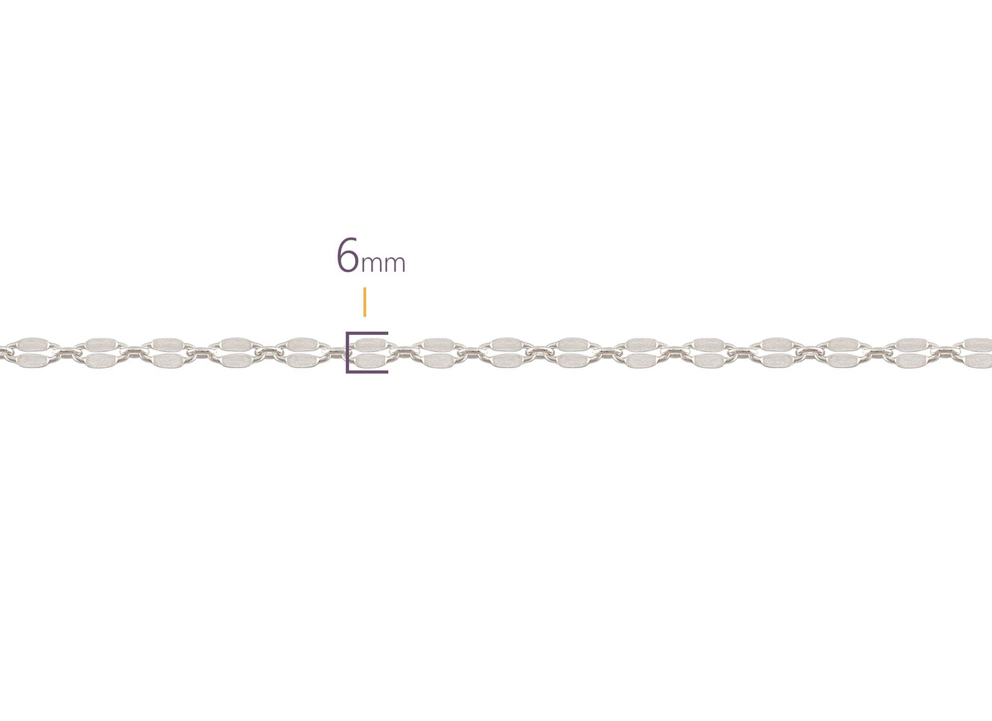 Silver chain with a 6mm width measurement on a white background