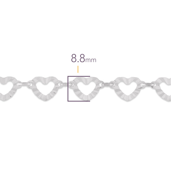 Silver chain with heart patterns and a measurement of 8.8 mm on a white background