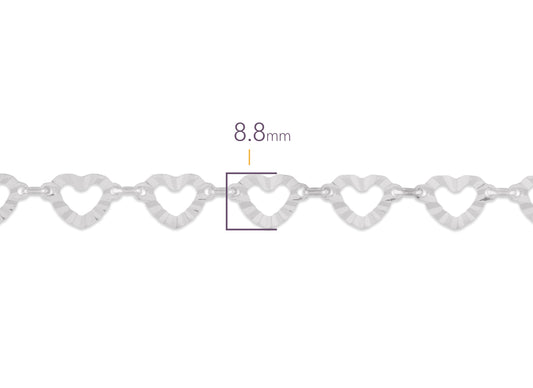 Silver chain with heart patterns and a measurement of 8.8 mm on a white background