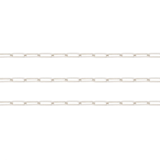 Silver paperclip chain on a white background