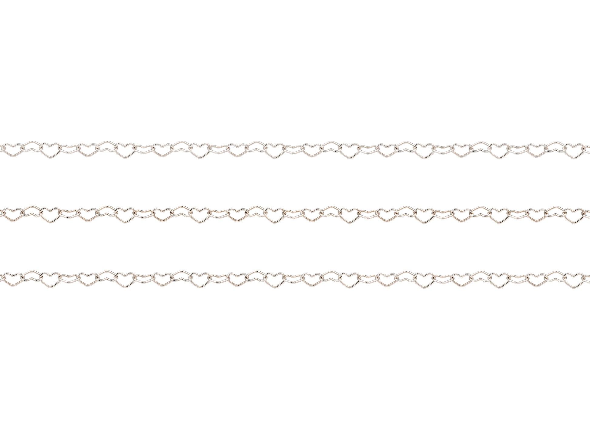 Silver chain with heart-shaped links on a white background