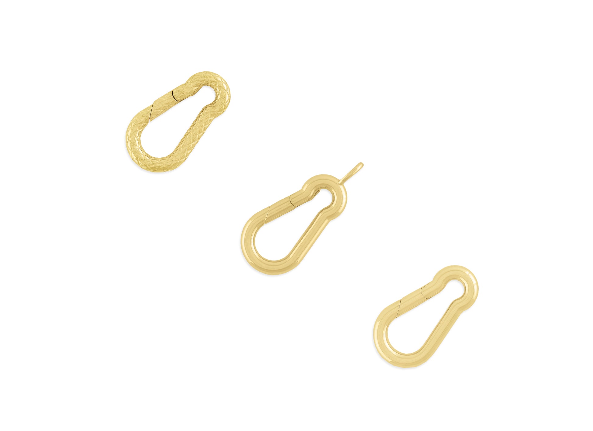 Three carabiner-shaped invisible clasps made of gold, displayed against a white background.