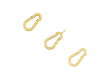 Three carabiner-shaped invisible clasps made of gold, displayed against a white background.