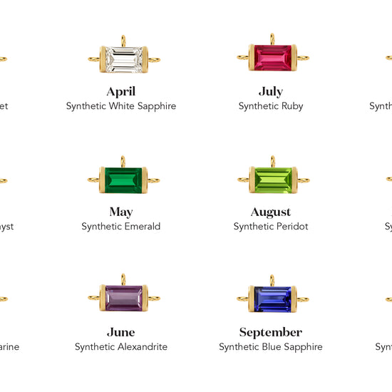 A grid of 12 hand chain gemstone jewelry each labeled with a month and synthetic gemstone name: January Synthetic Garnet, April Synthetic White Sapphire, July Synthetic Ruby, October Synthetic Pink Sapphire, February Synthetic Amethyst, May Synthetic Emerald, August Synthetic Peridot, November Synthetic Citrine, March Synthetic Aquamarine, June Synthetic Alexandrite, September Synthetic Blue Sapphire, and December Synthetic Blue 