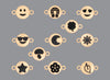 A collection of round emoji connectors with a satin finish in various designs, including smiley faces, hearts, stars, and floral patterns.