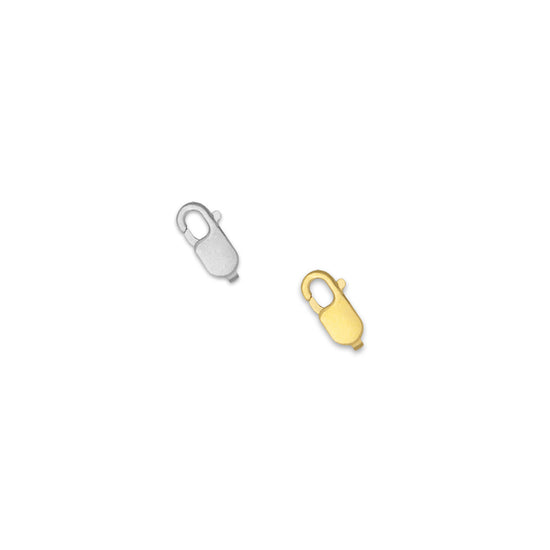 Two flat lobster claw clasps, one in 14K white gold and the other in 14K yellow gold, displayed against a white background.
