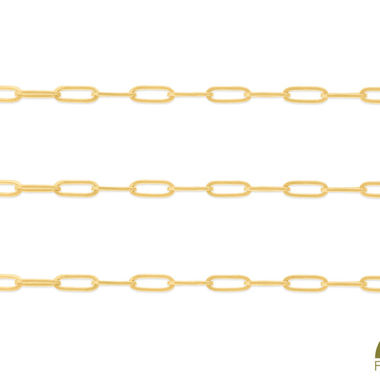 A close-up image of a 2.9mm round-wire paper clip chain in 14K Fairmined yellow gold, showing the texture and shine of the gold with the Fairmined certification logo.