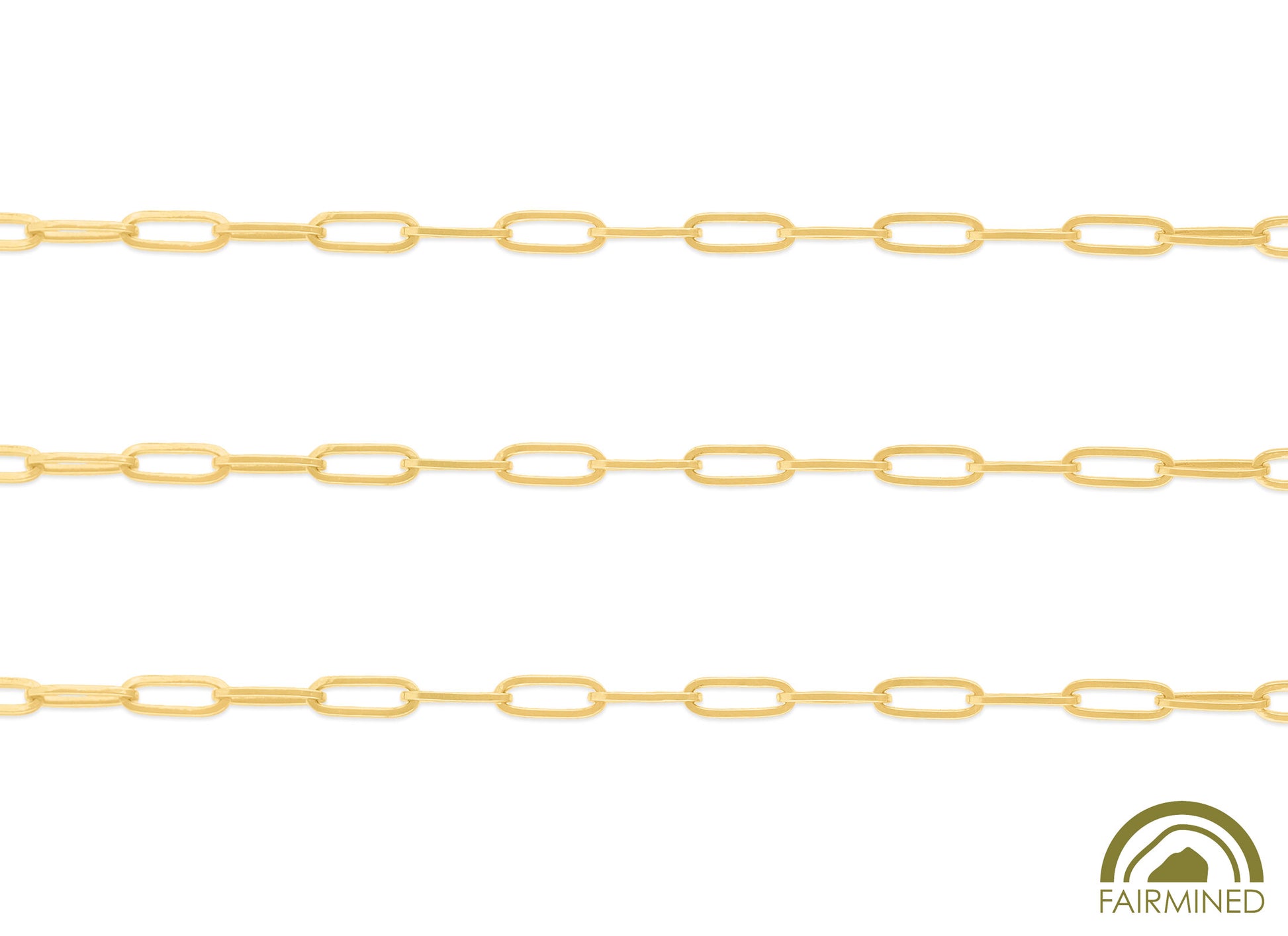 A close-up image of a 2.9mm round-wire paper clip chain in 14K Fairmined yellow gold, showing the texture and shine of the gold with the Fairmined certification logo.