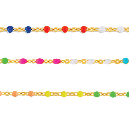 A collection of three multicolor enamel cable chains with gold fill, each featuring different combinations of orange, yellow, green, blue, white, and red enamel beads.