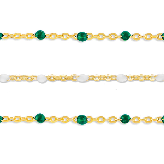 Three enamel cable chains with gold-colored links and green enamel accents, displayed against a white background.