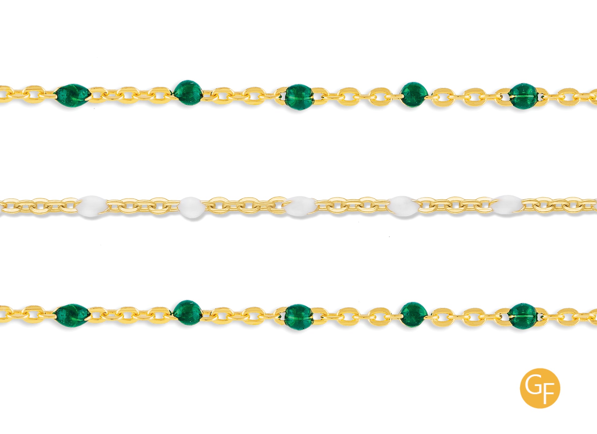 Three enamel cable chains with gold-colored links and green enamel accents, displayed against a white background.