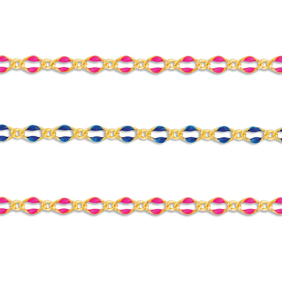 Three enameled figaro chains with gold-filled links and alternating blue or pink enamel accents, displayed side by side.
