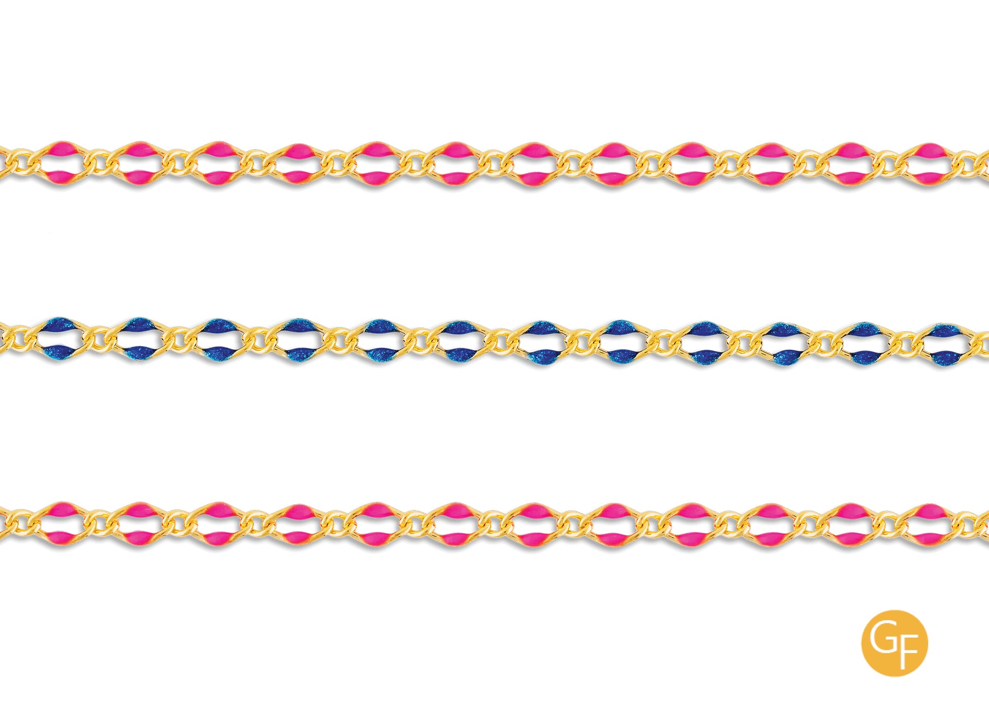 Three enameled figaro chains with gold-filled links and alternating blue or pink enamel accents, displayed side by side.