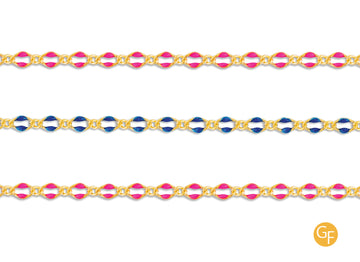 Three enameled figaro chains with gold-filled links and alternating blue or pink enamel accents, displayed side by side.