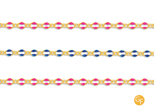 Three enameled figaro chains with gold-filled links and alternating blue or pink enamel accents, displayed side by side.