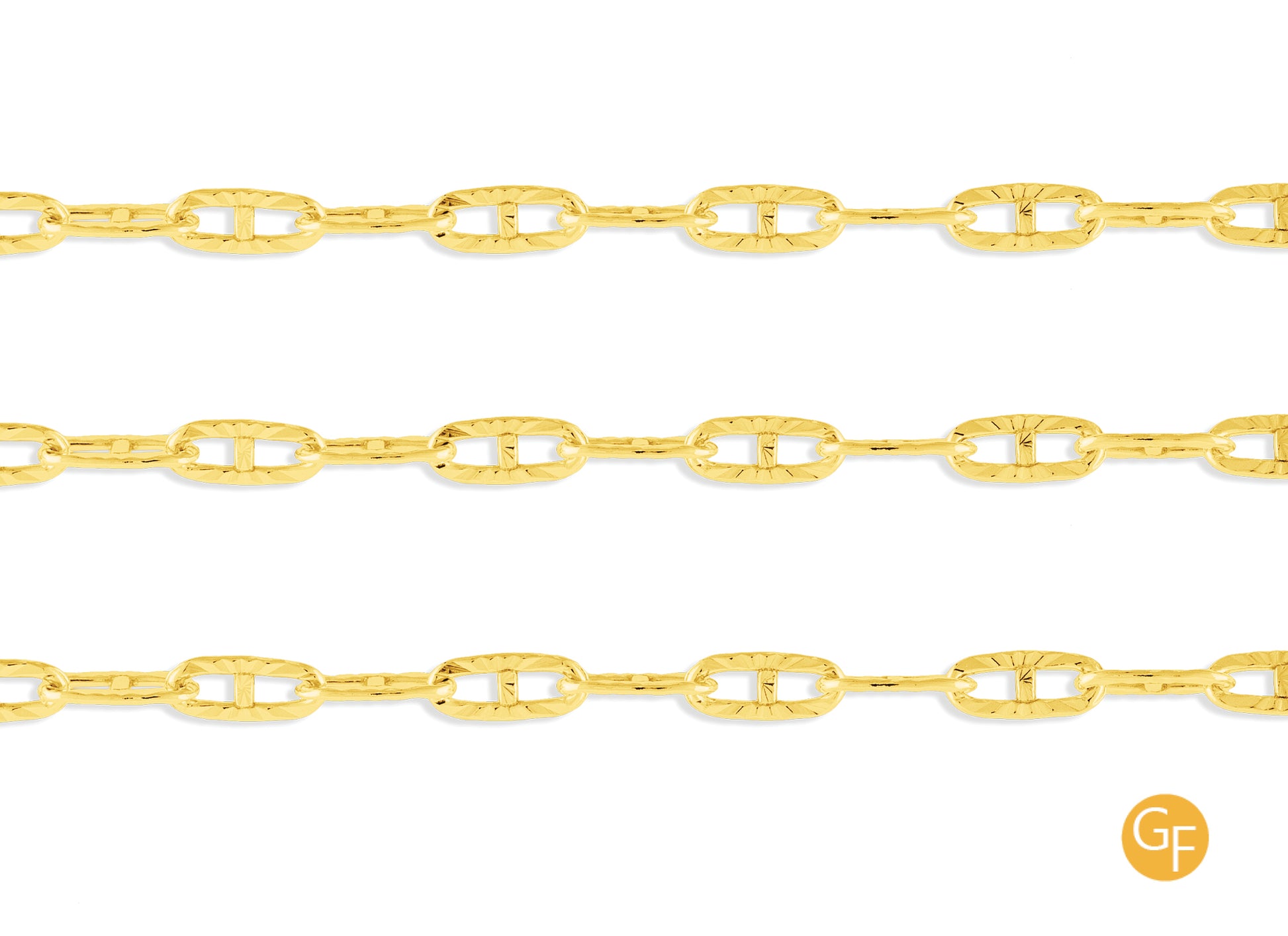 A close-up image of a textured gold mariner chain with a focus on the metallic texture and color.
