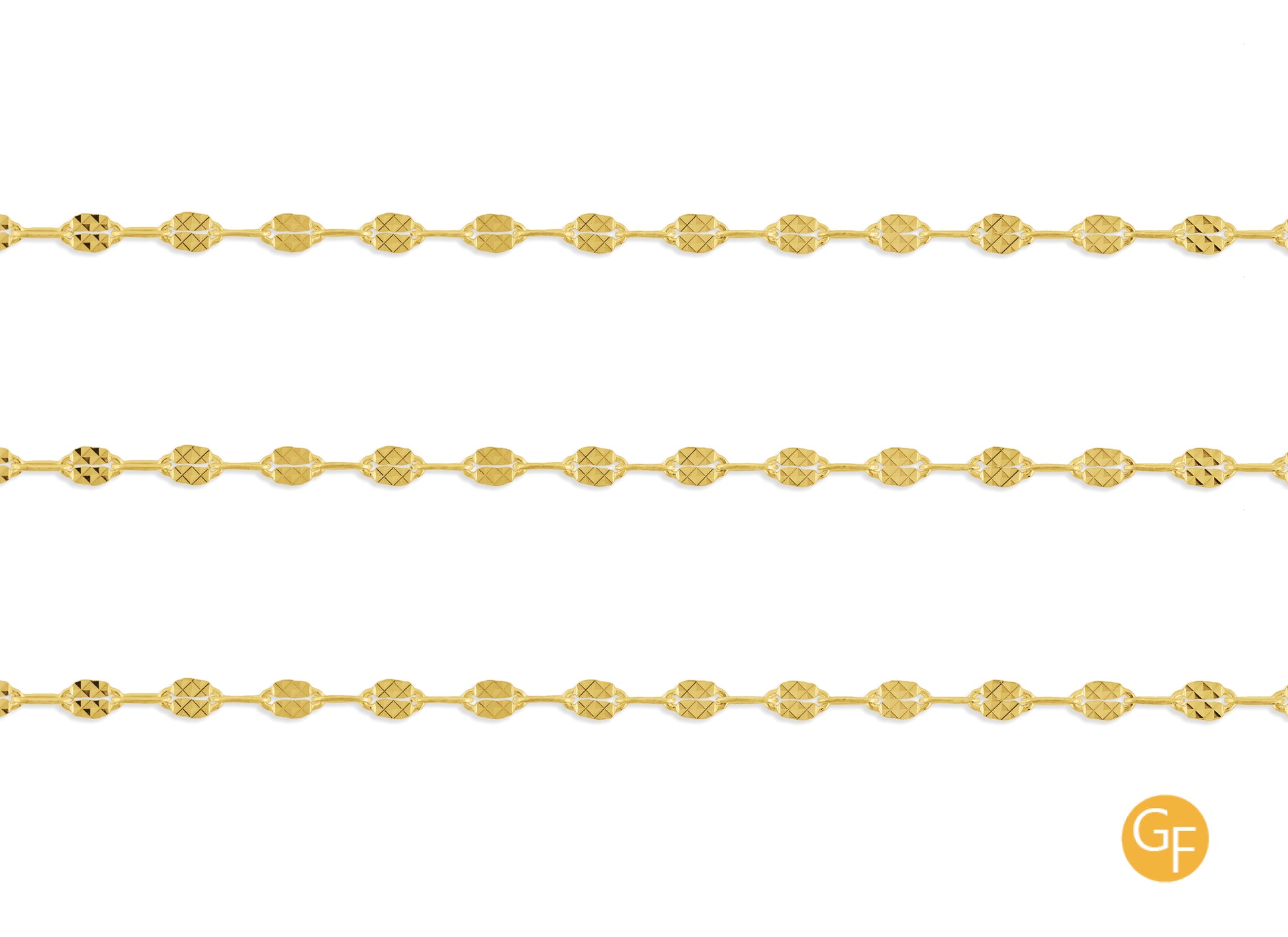 A close-up image of a gold-filled hammered paperclip chain with intricate details on the texture.
