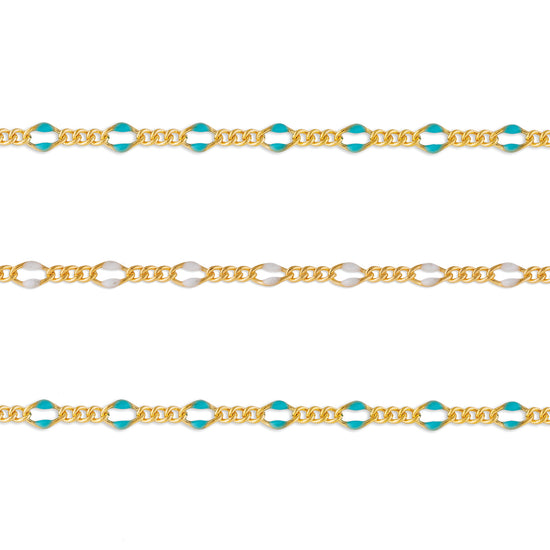 A gold-filled chain with mixed link enamel, featuring blue and white colored links, by the inch.