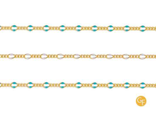 A gold-filled chain with mixed link enamel, featuring blue and white colored links, by the inch.