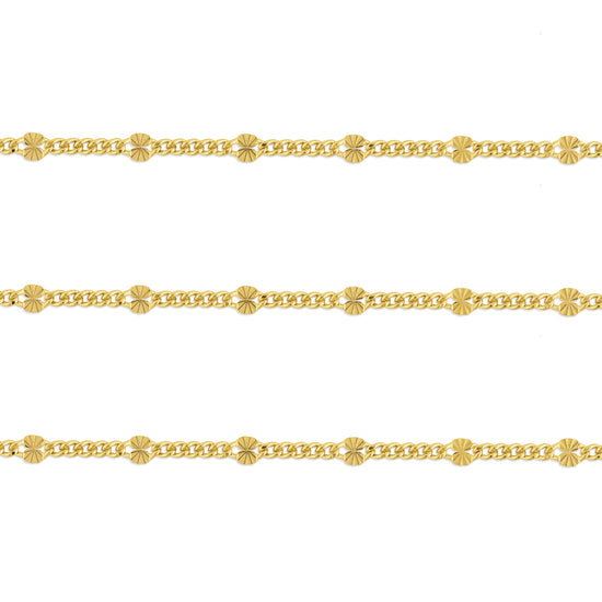 A gold-filled starburst cable chain with hammer textured links on a white background.