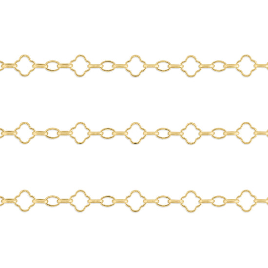A gold-filled clover mixed link chain featuring multiple links with a clover shape design, displayed against a white background.