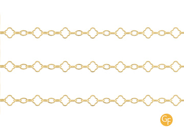 A gold-filled clover mixed link chain featuring multiple links with a clover shape design, displayed against a white background.