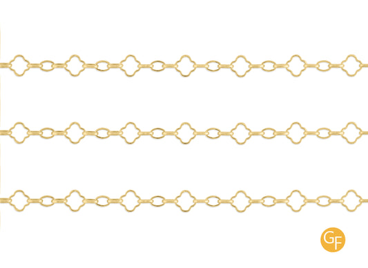 A gold-filled clover mixed link chain featuring multiple links with a clover shape design, displayed against a white background.