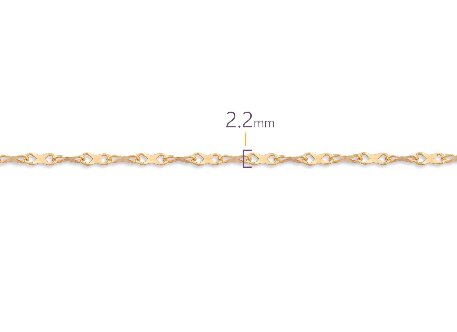 Gold hammered chain with a thickness measurement of 2.2 mm on a white background