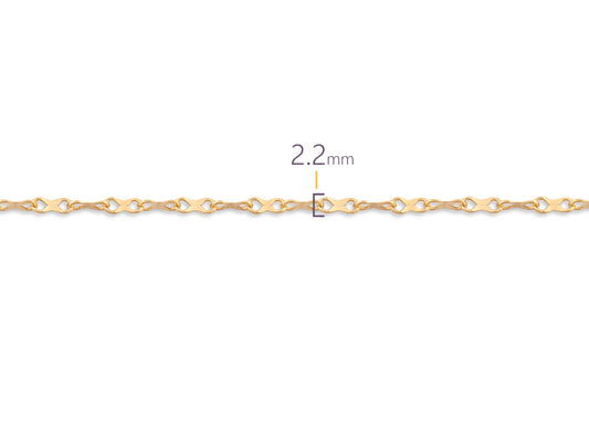 Gold hammered chain with a thickness measurement of 2.2 mm on a white background