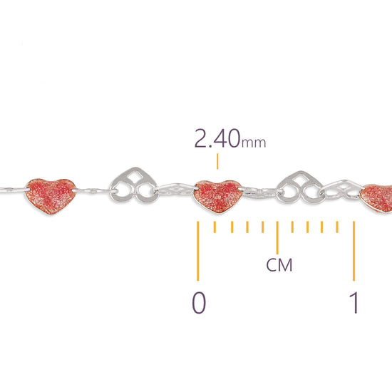Silver chain with red heart-shaped charms and measurement details on a white background