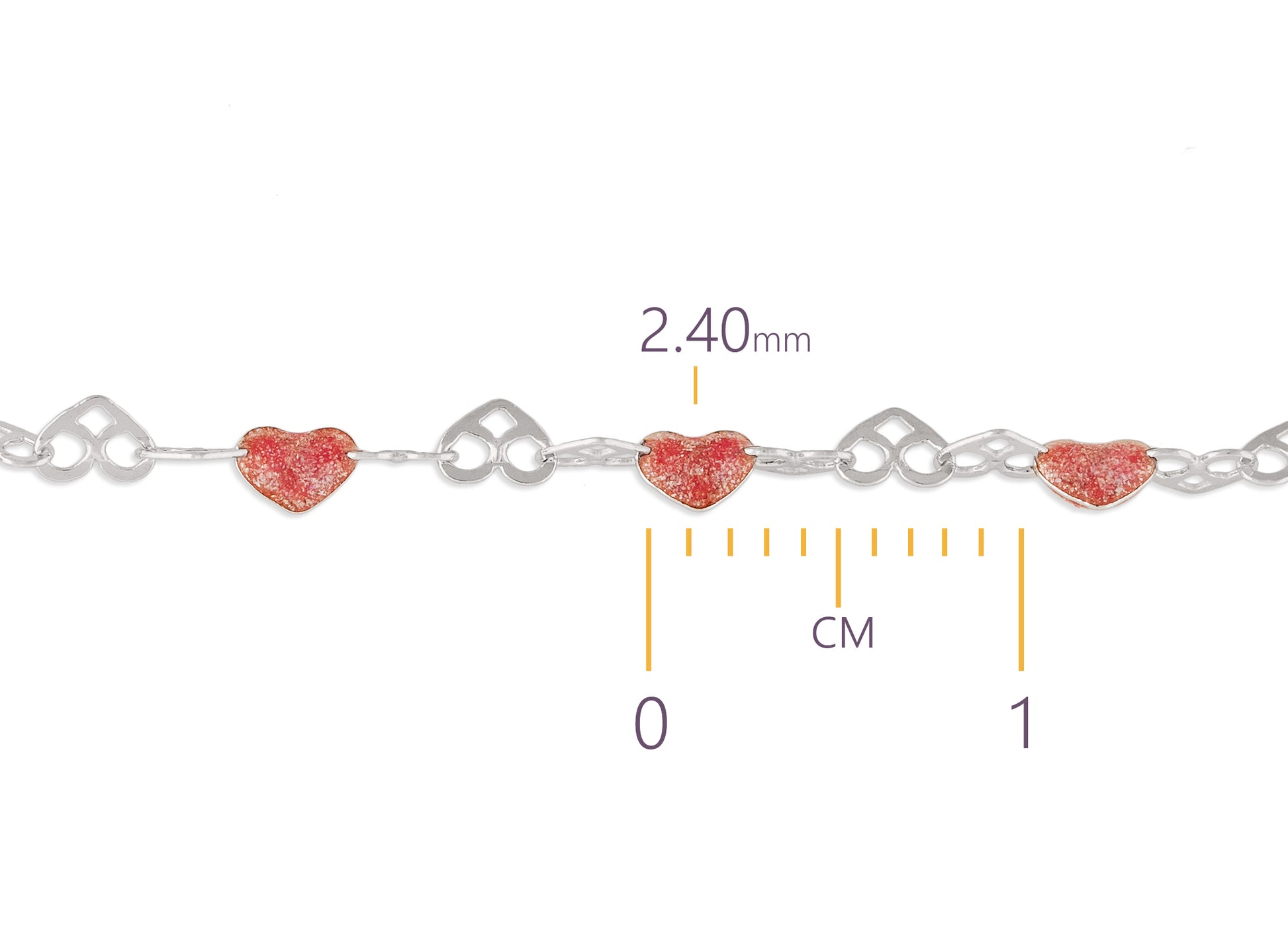 Silver chain with red heart-shaped charms and measurement details on a white background