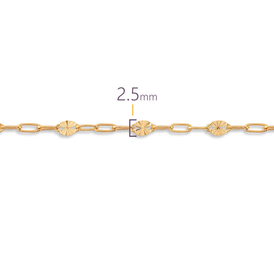 Gold chain with a close-up of a link showing '2.5 mm' on a white background