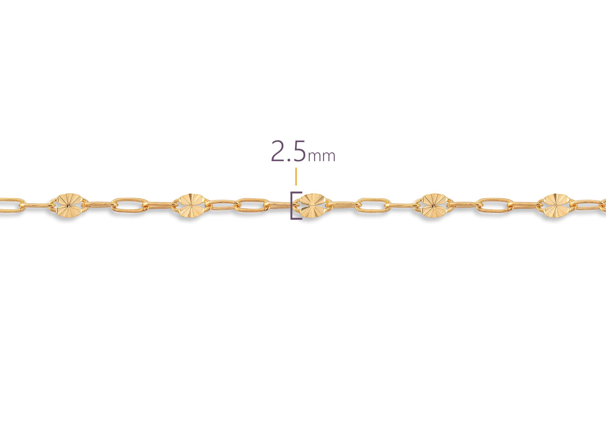 Gold chain with a close-up of a link showing '2.5 mm' on a white background