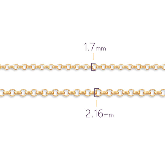Two gold chains with measurements on a white background