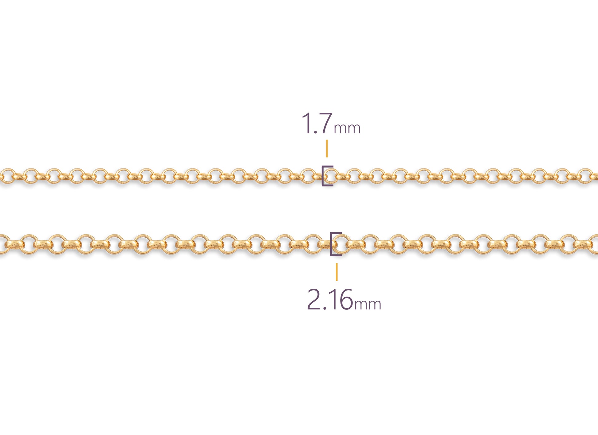 Two gold chains with measurements on a white background