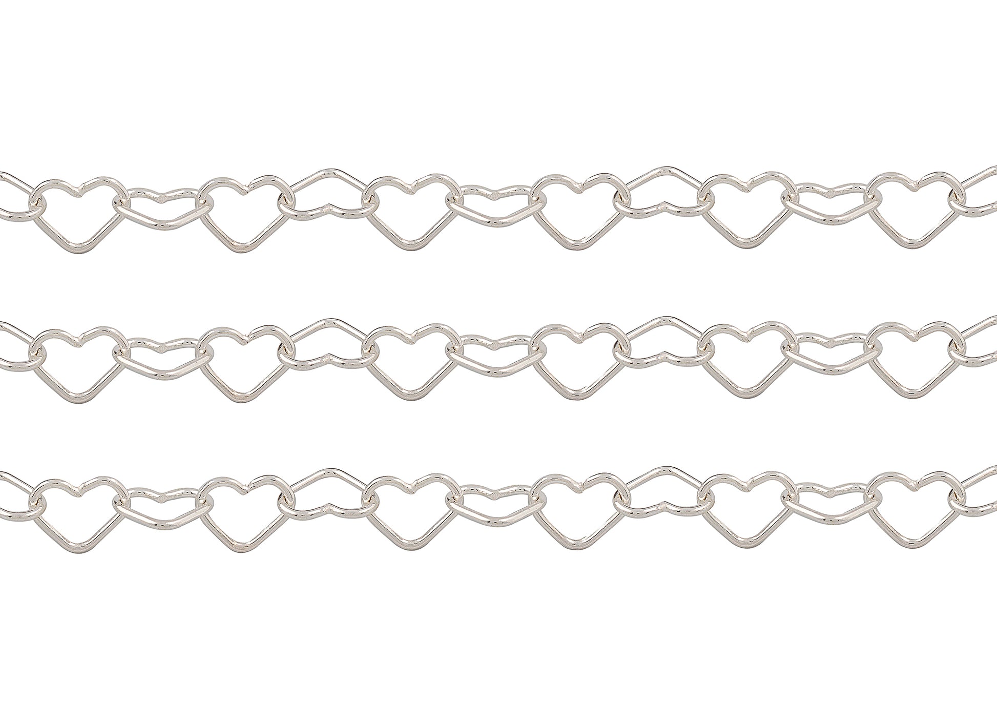 Silver chain with heart links on a white background