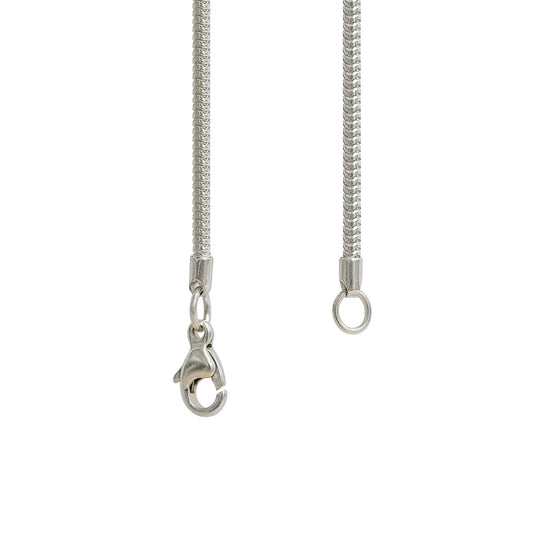 Silver necklace with clasp on a white background