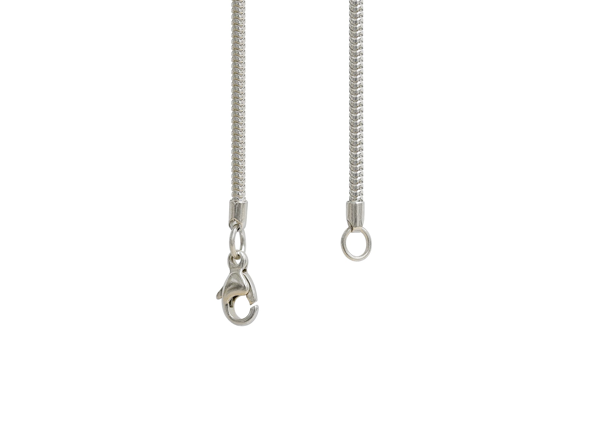 Silver necklace with clasp on a white background