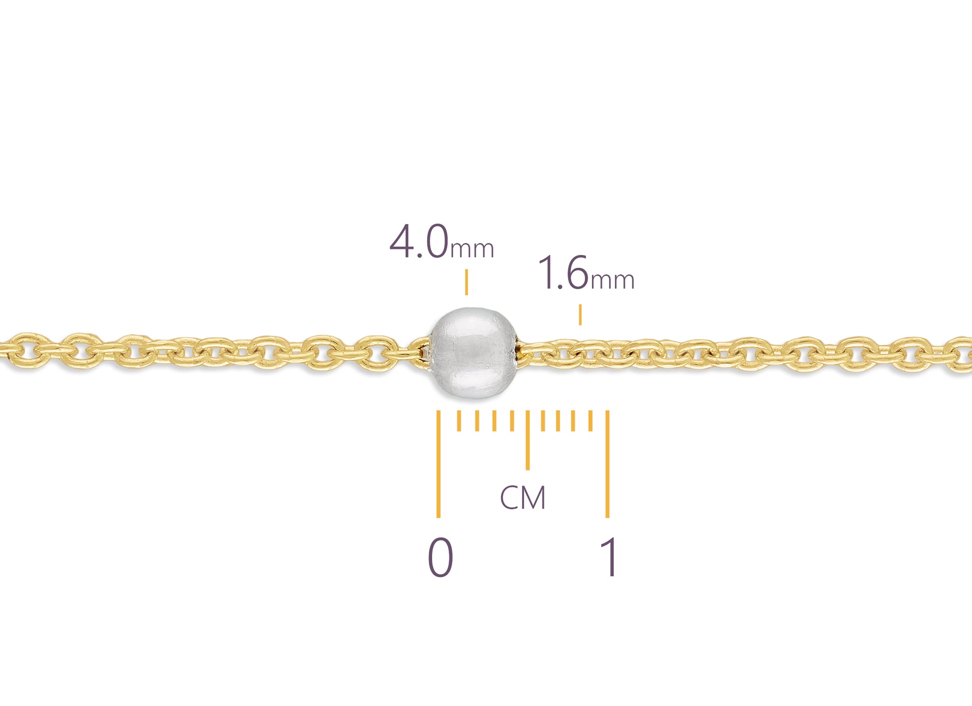 Gold chain with a pearl and measurement scale on a white background