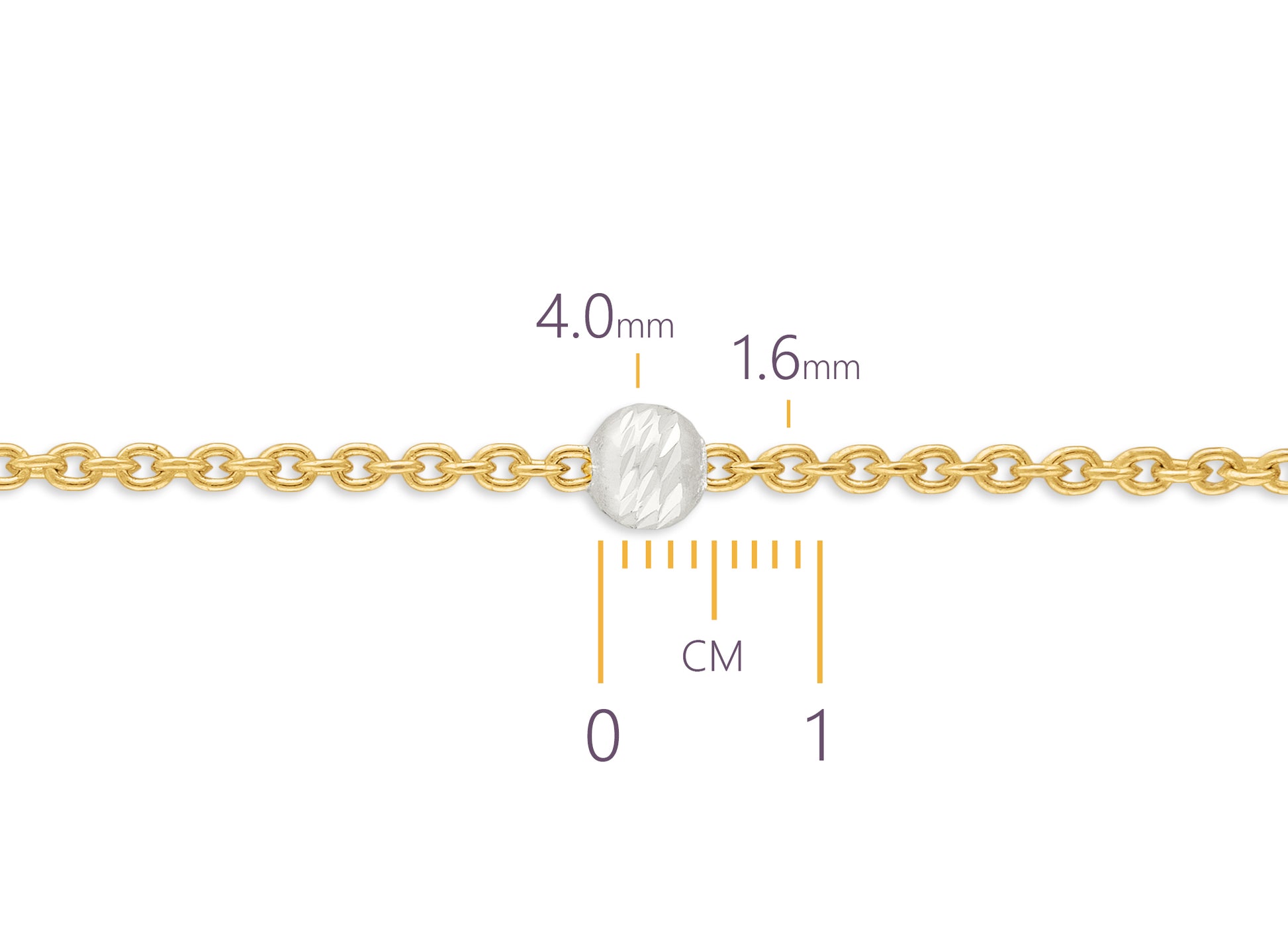 Gold chain with a measurement scale showing its thickness and length.