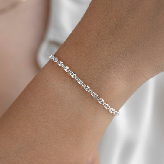 Silver chain on a wrist with a plain background