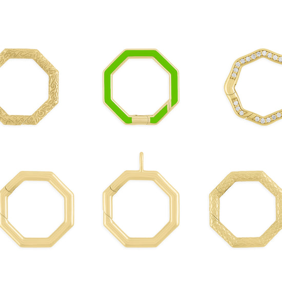 A collection of octagonal invisible clasps in various colors and metallic finishes, including gold and green enamel.