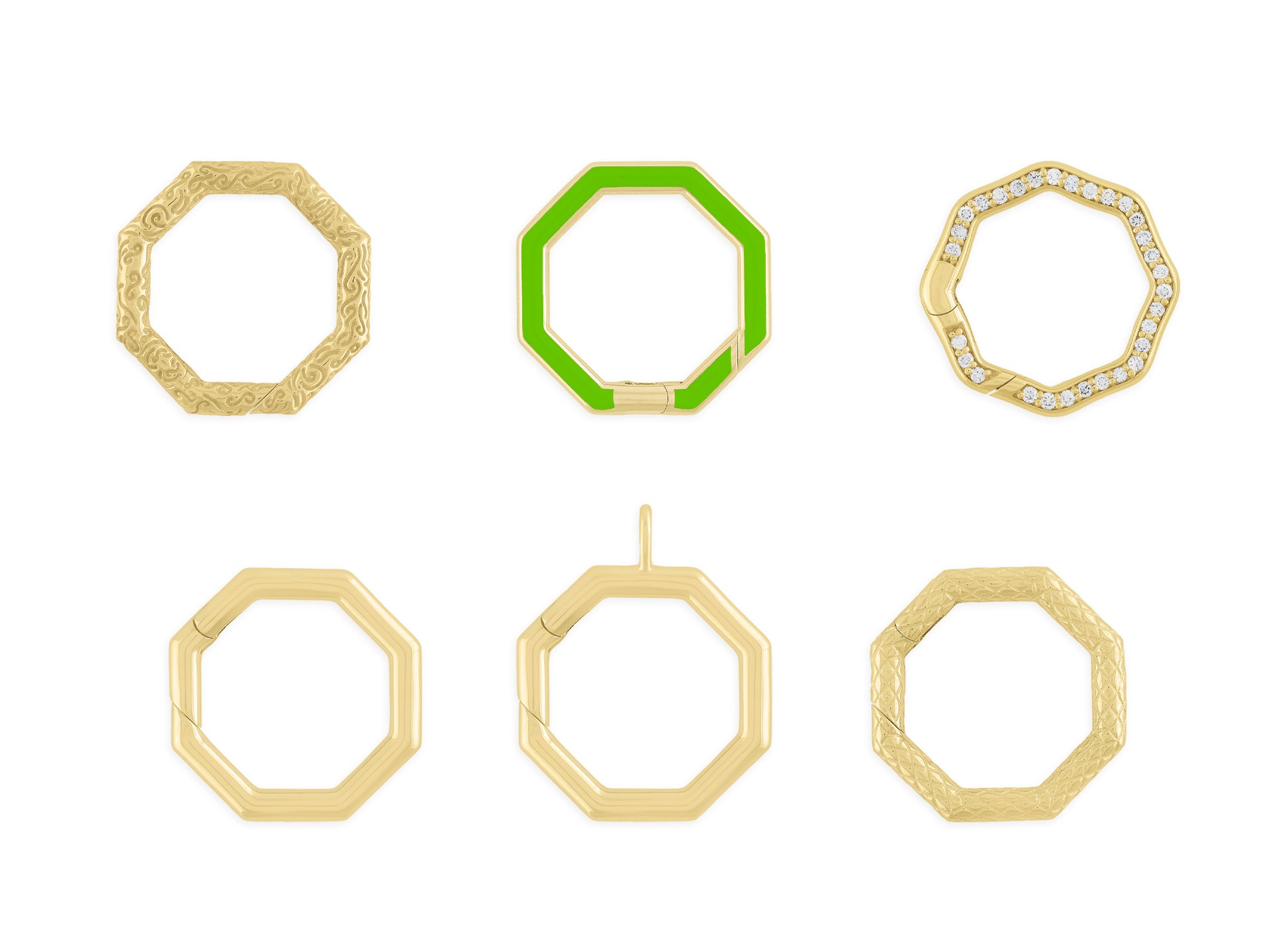 A collection of octagonal invisible clasps in various colors and metallic finishes, including gold and green enamel.