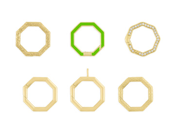 A collection of octagonal invisible clasps in various colors and metallic finishes, including gold and green enamel.