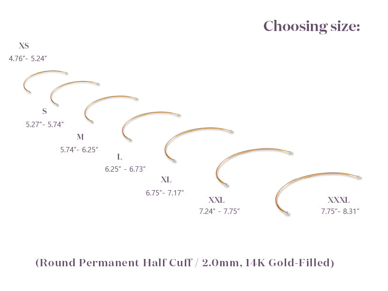 Size chart for round permanent half cuffs in gold-filled on a white background